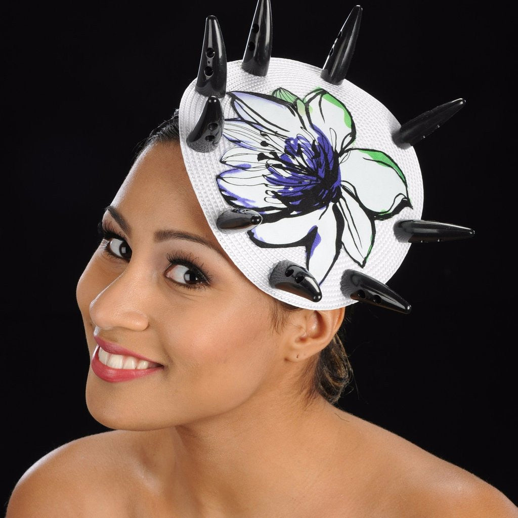 F6017-White Straw fascinator with small horns and floral flower applique - SHENOR COLLECTIONS