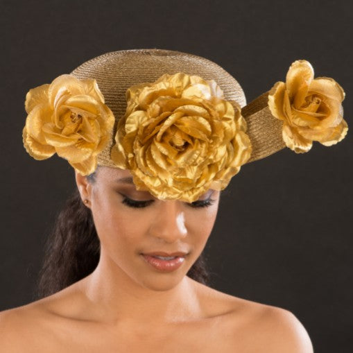 NA1067-Ladies gold straw church hat with flowers - SHENOR COLLECTIONS