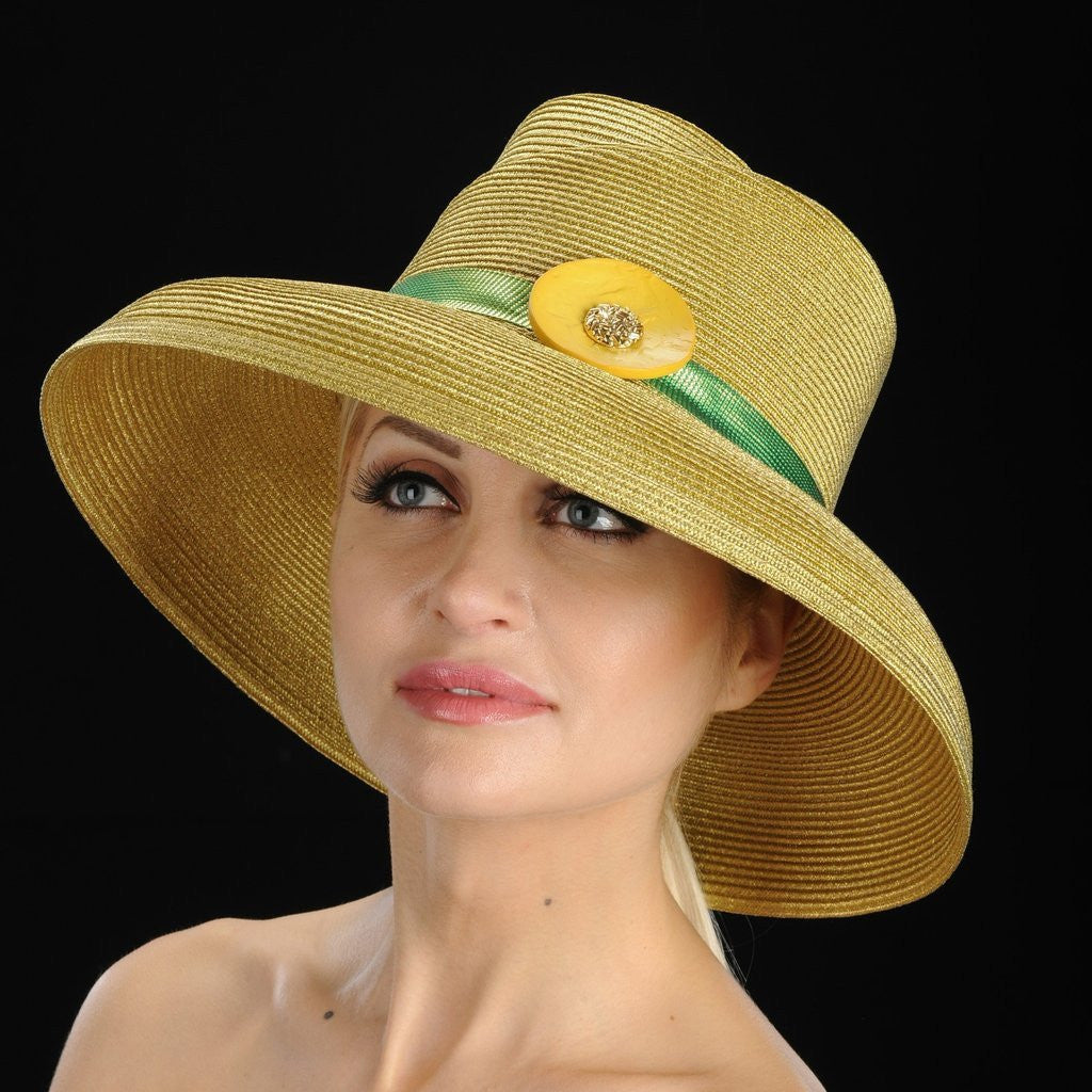 NA1001-Gold metallic wide brim dress hat - SHENOR COLLECTIONS