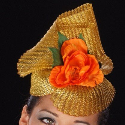 F6005-Gold horse hair with orange flower fascinator - SHENOR COLLECTIONS