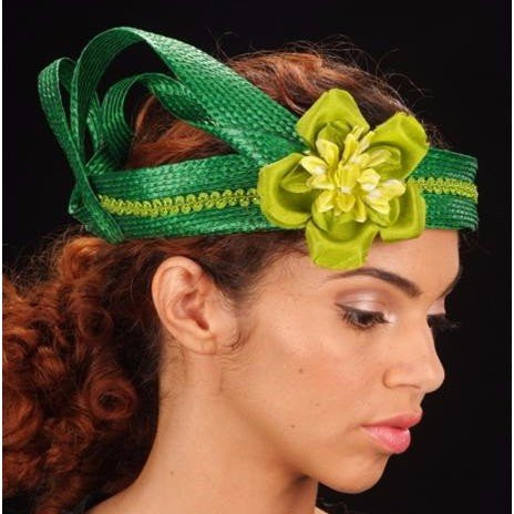 F60010-Green straw fascinator with satin flower - SHENOR COLLECTIONS