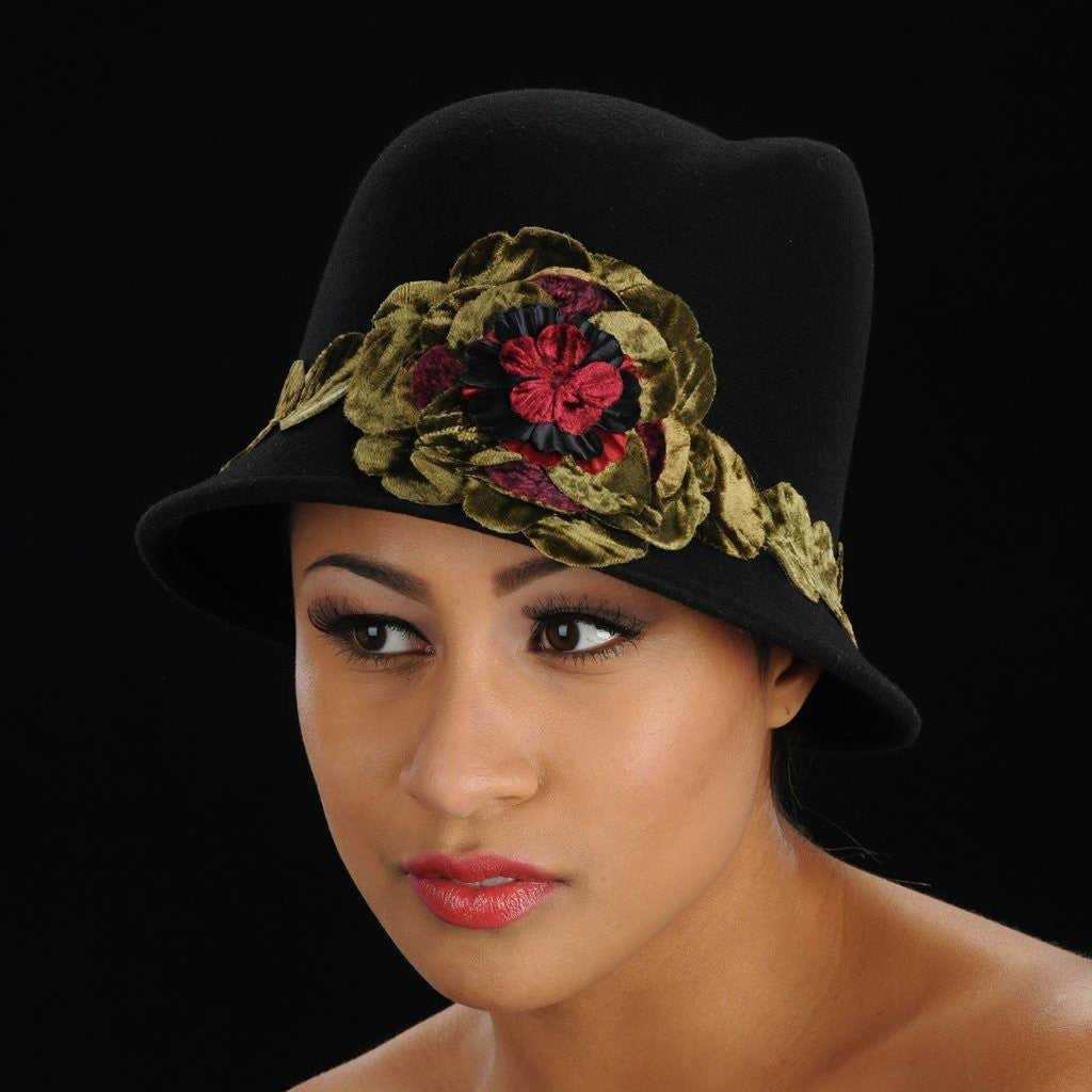 FW1128 Black ladies felt hat with velvet green flower and trim - SHENOR COLLECTIONS