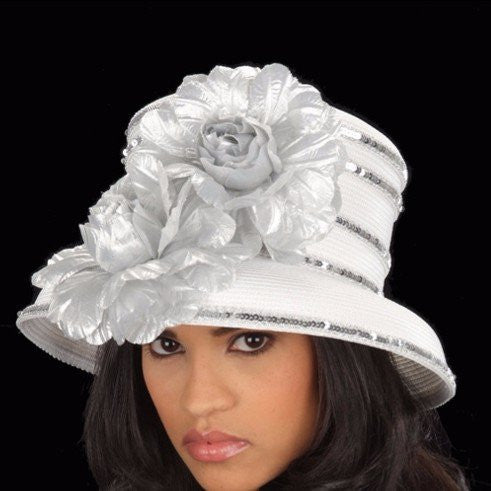 SG5021-Straw Hat White silver flowers and trim - SHENOR COLLECTIONS