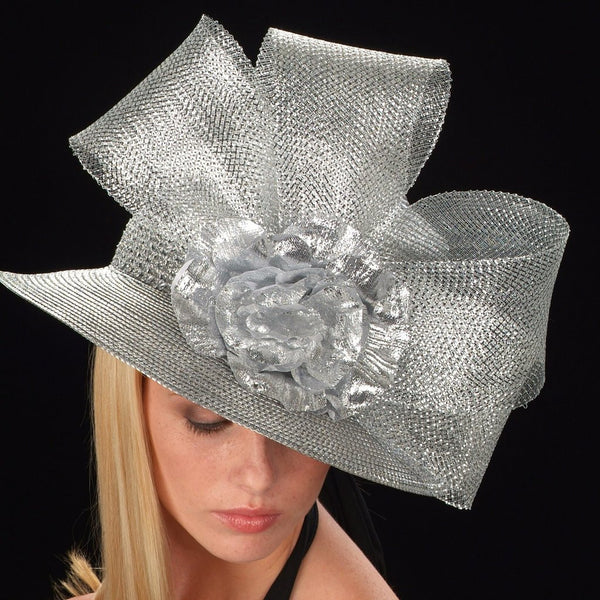 SG5019-Ladies straw Hat Silver Horse hair / silver flower - SHENOR COLLECTIONS