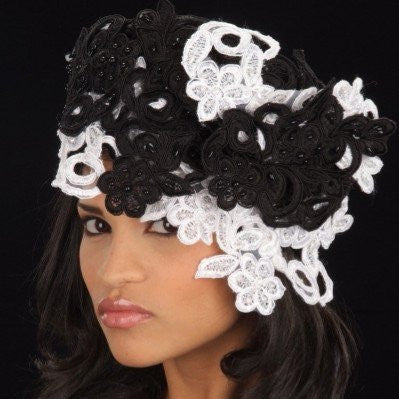 BW2436- Ladies straw Hat Black/White hand beaded lace - SHENOR COLLECTIONS