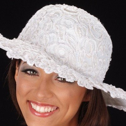 W6006-White wedding straw hat covered with hand beaded fabric - SHENOR COLLECTIONS
