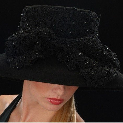 F3002- Fall winter ladies black dress hat with beaded lace fabric - SHENOR COLLECTIONS