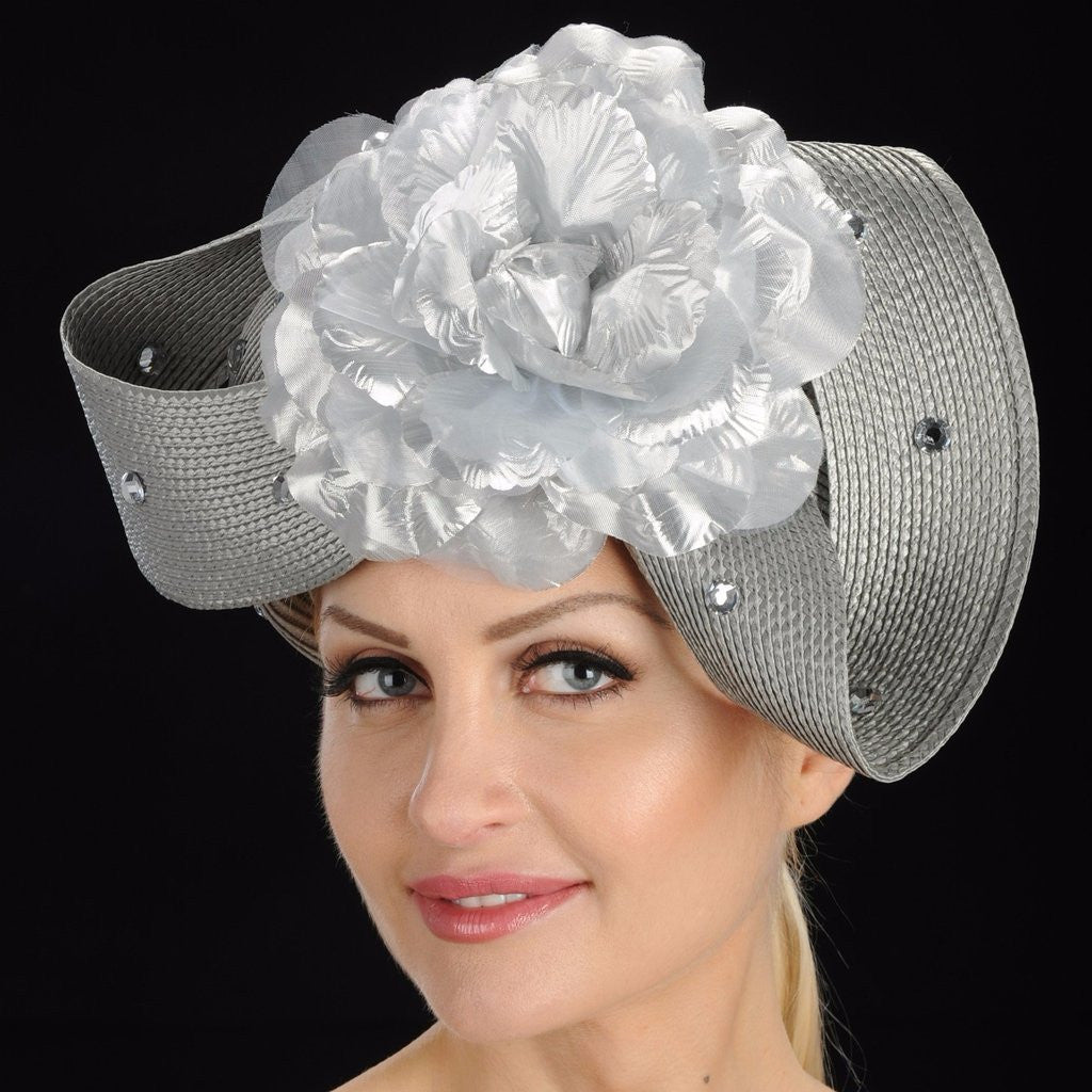 SG5002-Gray straw hat for women with large flower/RS - SHENOR COLLECTIONS
