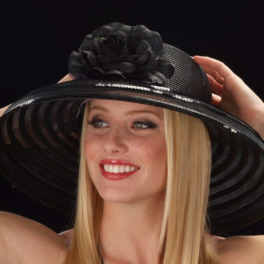 NA1042 Black straw with flowers and sequins trim dress hat - SHENOR COLLECTIONS
