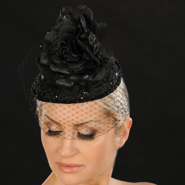 BW9033- Black fascinator covered with lace/flower - SHENOR COLLECTIONS