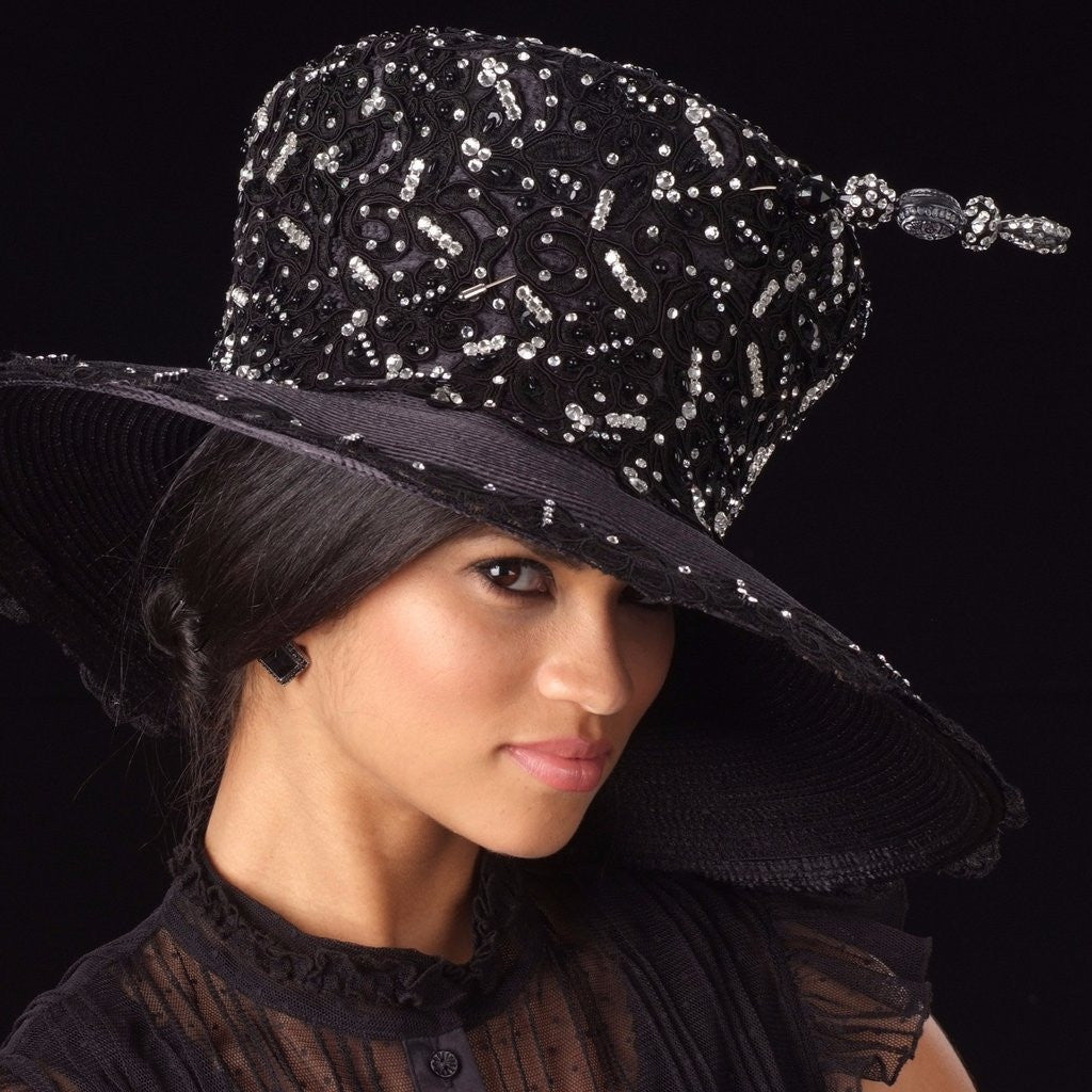 OE-8011-Year round ladies satin dress hat with lace and rhinestones - SHENOR COLLECTIONS