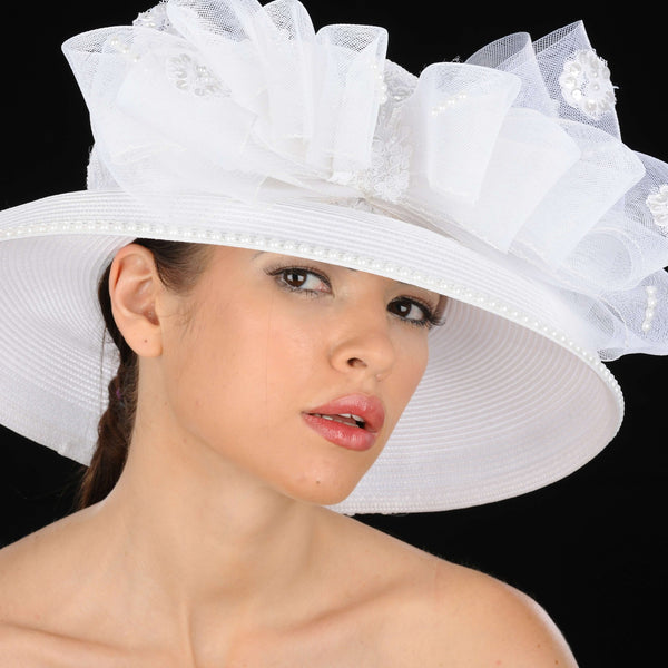 BW-9035 White ladies Straw with horsehair and rhinestones - SHENOR COLLECTIONS