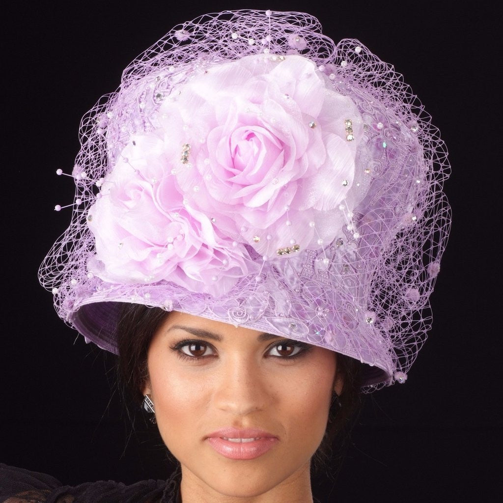 OE8008 Lavender church straw hat with rhinestones/mesh and large flower - SHENOR COLLECTIONS
