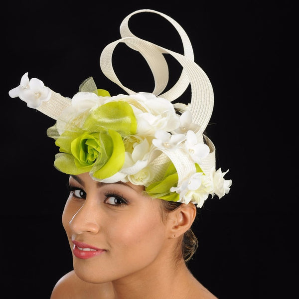 F6024 Cream straw fascinator with flowers design - SHENOR COLLECTIONS