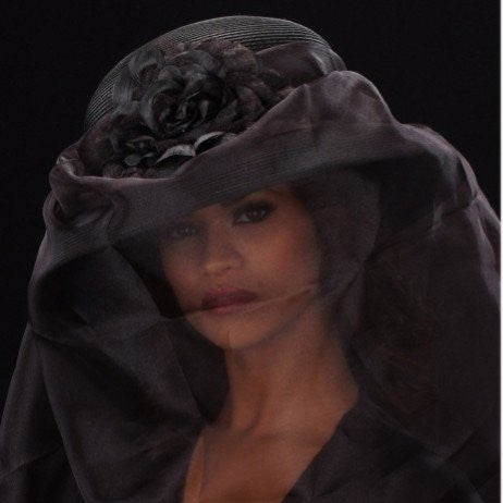F3006-Uneven long black veil funeral straw dress hat with flower - SHENOR COLLECTIONS