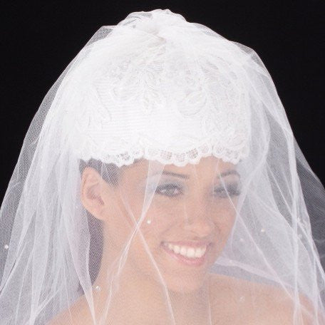 W2007-White bridal hat straw covered with hand beaded lace and long veil - SHENOR COLLECTIONS