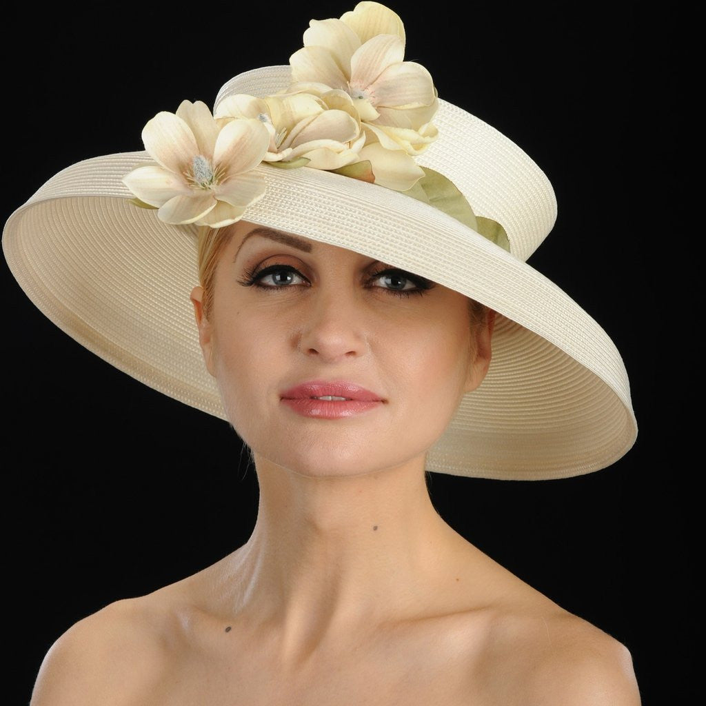W6008-Open top Spring hat for women with small flowers in light tan/cream straw - SHENOR COLLECTIONS