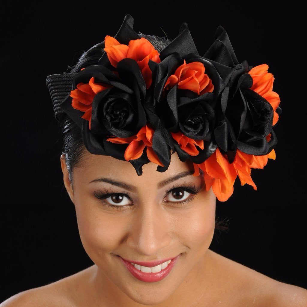 F6003-Black straw with orange and black flowers fascinator - SHENOR COLLECTIONS