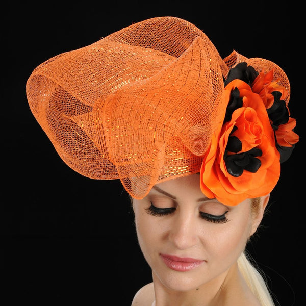 AC7022- Orange and black fascinator with flowers - SHENOR COLLECTIONS,dress wedding fascinator