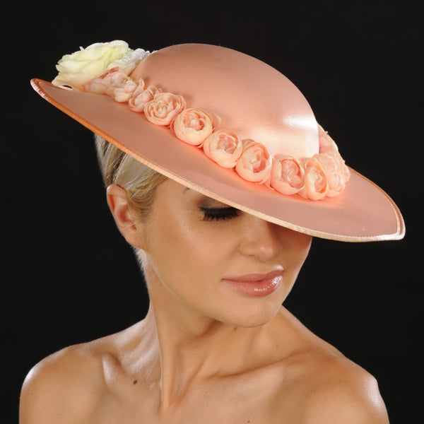 AC7034- Peach satin flower ladies dress hats - SHENOR COLLECTIONS