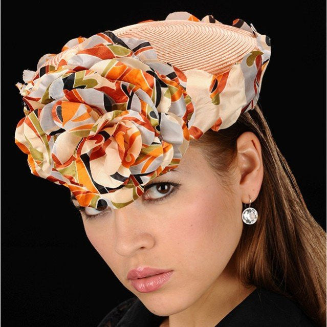 NA1011-Peach pillbox dress hat covered with one of a kind flower pebbles - SHENOR COLLECTIONS