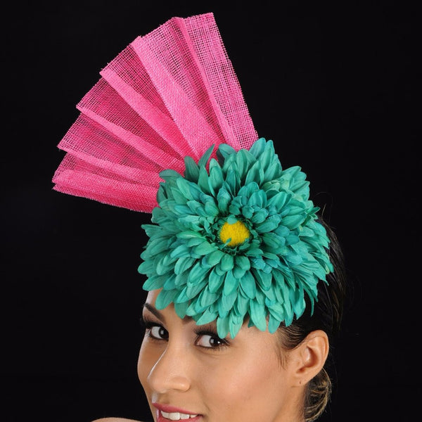 AC7018-Pink and green sinamay fascinator with large flower - SHENOR COLLECTIONS, fascinator,dress hats