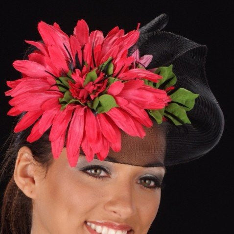 F6011-Pink flower fascinator with horsehair - SHENOR COLLECTIONS