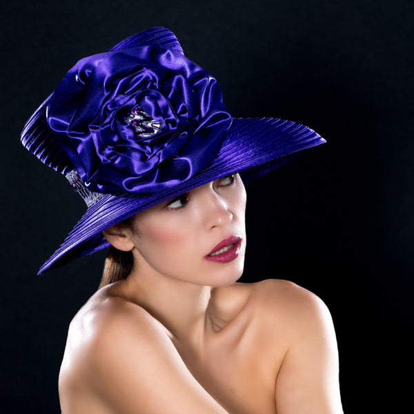 NA0044- Purple satin wide brim church dress hat with sequin trim