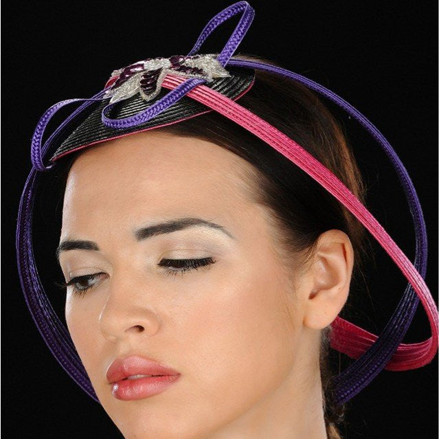 F6012-Purple and pink circle design fascinator with applique - SHENOR COLLECTIONS