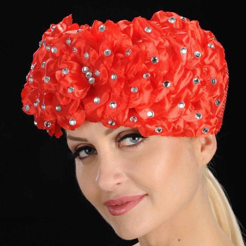 OE8006-Red pill box ladies church hat with flower pebbles and rhinestones - SHENOR COLLECTIONS