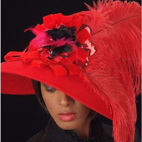 FW1119-Red felt dress hat with red ostrich feathers and flower - SHENOR COLLECTIONS