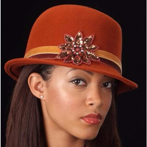 FW1120- Velvet trim rust felt dress hat - SHENOR COLLECTIONS