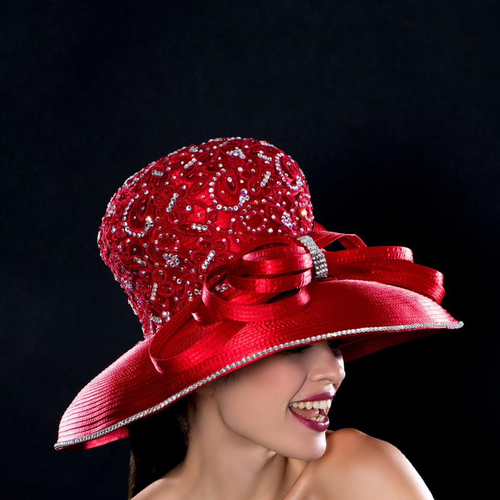 NA1072-Red satin dress hat with rhinestones