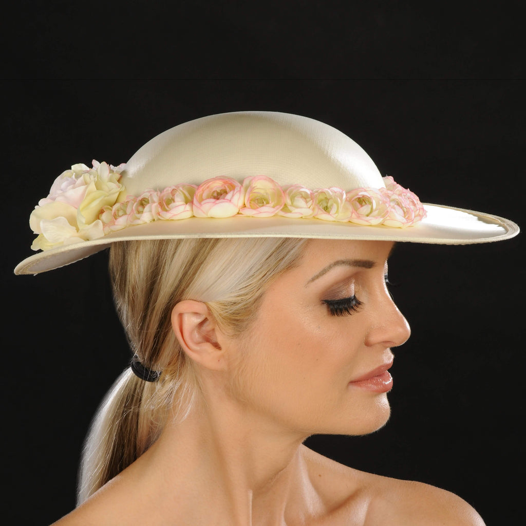 SE7014- Satin ladies hat with flowers - SHENOR COLLECTIONS