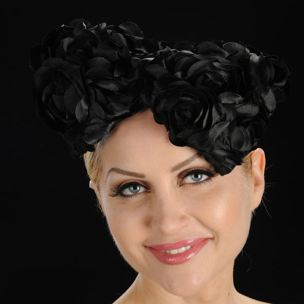 BW9007- Black fascinator for women with satin flower bow - SHENOR COLLECTIONS