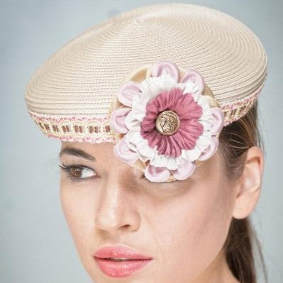 Uf3001- Ladies tan straw dress fascinator hat - SHENOR COLLECTIONS