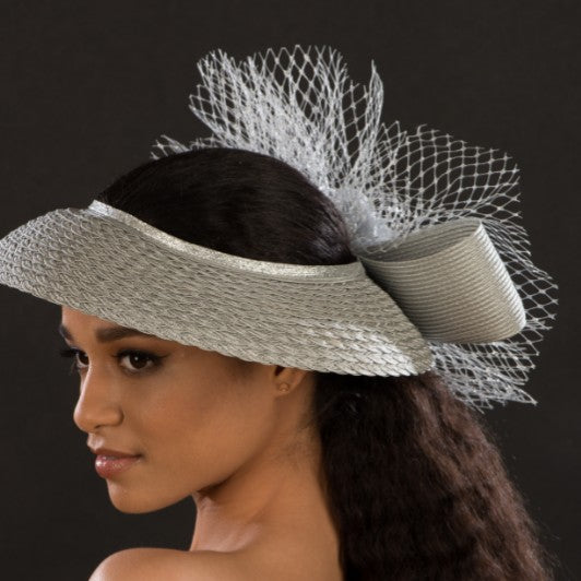 SG5023-Ladies Silver fascinator with netting and flower - SHENOR COLLECTIONS