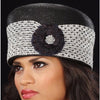 BW9004-Black pill box dress hat with silver metallic trim and small black flower - SHENOR COLLECTIONS