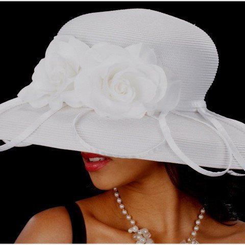 BW9016-White church hat with satin flower - SHENOR COLLECTIONS