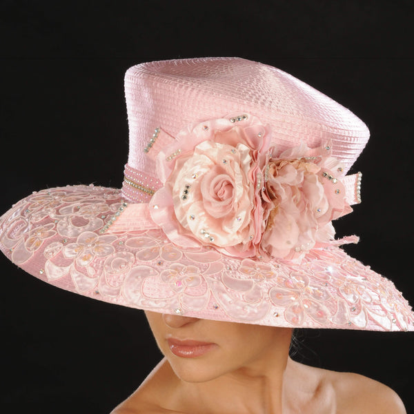 AC7033- Pink satin ladies dress hat with flowers - SHENOR COLLECTIONS