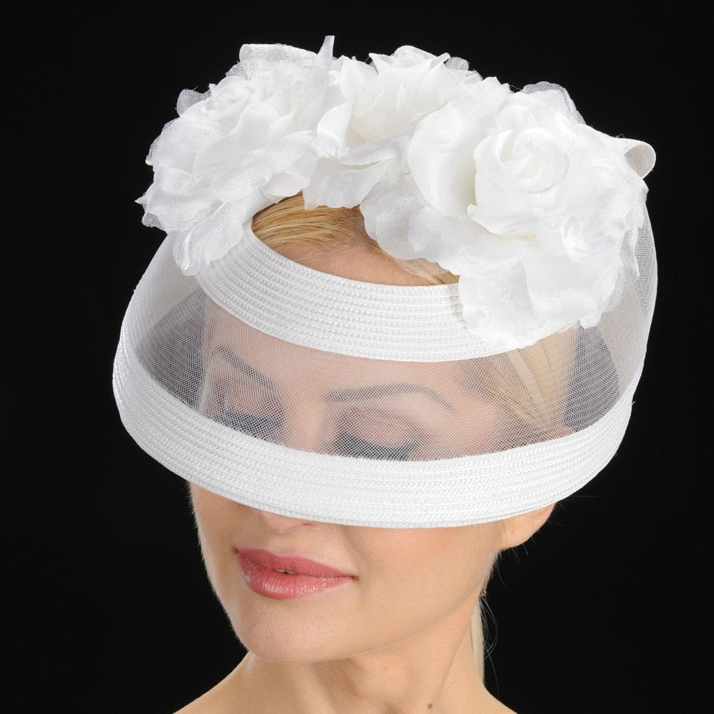 BW9014-Ladies white wedding hat with mesh and satin flower - SHENOR COLLECTIONS