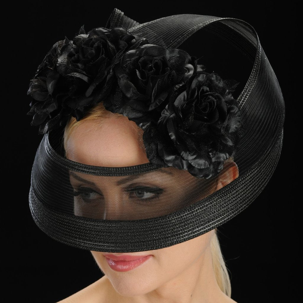 SS9003-Black fascinator mesh straw with satin flowers - SHENOR COLLECTIONS