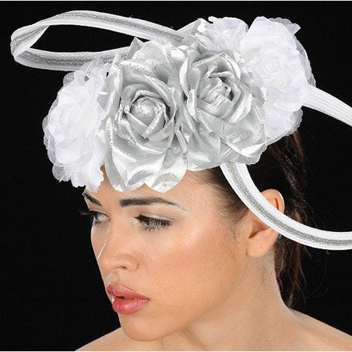 NA1017-Silver and white straw fascinator with bow and silver trims - SHENOR COLLECTIONS