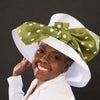 NA1064- All year round satin ribbon church hat in white with large polka dot bow - SHENOR COLLECTIONS