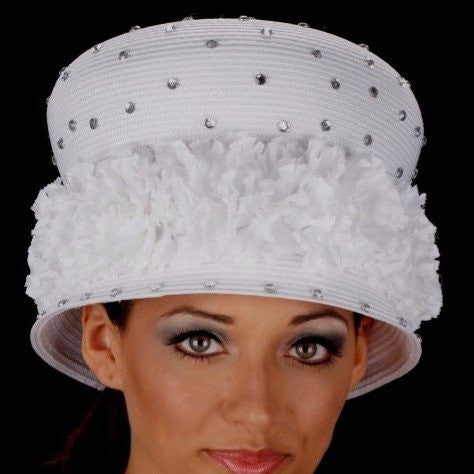 BW2872-Elegant ladies dress hat with flower trim and rhinestones - SHENOR COLLECTIONS