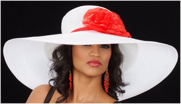 AC7028-Wide brim kentucky derby style hat with red flower and red trim - SHENOR COLLECTIONS