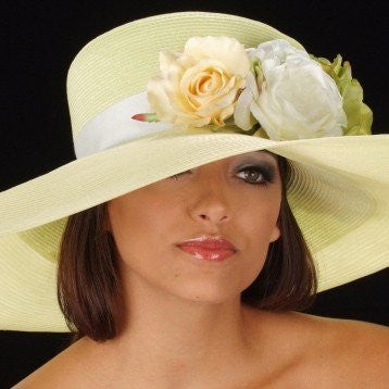 OE8005-Light yellow straw derby ladies hat with flowers - SHENOR COLLECTIONS