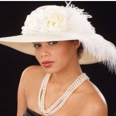 OE8002-ladies Ivory hat with flowers with ostrich feathers - SHENOR COLLECTIONS