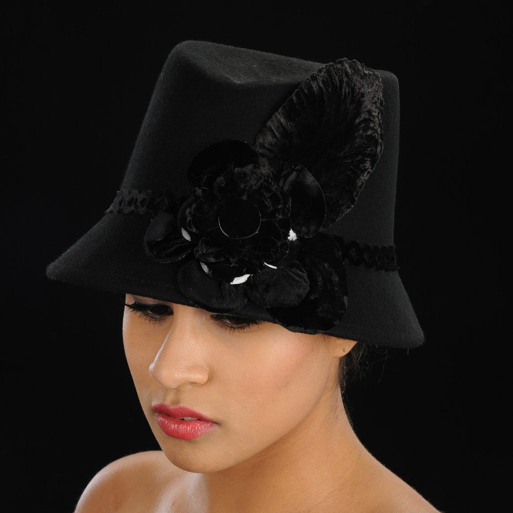 FW1125 ladies winter felt hat with velvet flower - SHENOR COLLECTIONS