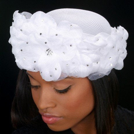ladies dress hats,White church hat for women with flower pebbles and rhinestones - SHENOR COLLECTIONS